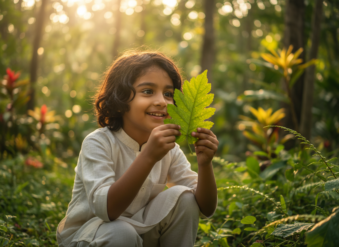 Curious Indian child exploring nature outdoors — a joyful parenting moment celebrating childhood curiosity and outdoor learning