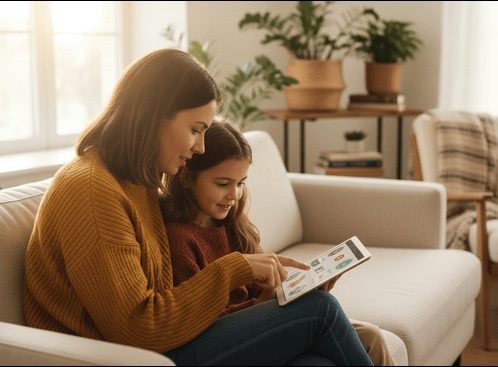 A warm, modern lifestyle photo of a parent and child sitting together looking at a tablet or smartphone, soft natural light, cozy home setting, conveys thoughtful and intentional digital parenting — not screen addiction, but connection and guidance. Warm tones, editorial feel.